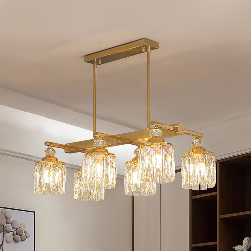 Postmodern Crystal Gold Island Lamp: Beveled 6-Head Cylinder Hanging Light Fixture