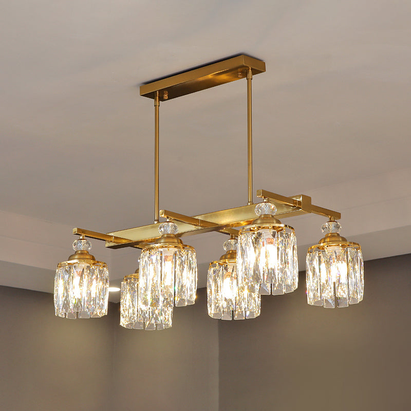 Postmodern Crystal Gold Island Lamp: Beveled 6-Head Cylinder Hanging Light Fixture
