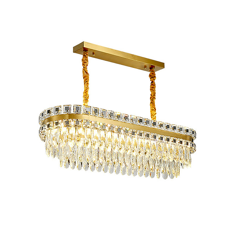 Contemporary Gold Led Crystal Tiered Island Light Fixture - Stylish Oblong Hanging Lamp For Table