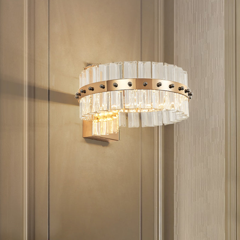 Modern Crystal Prism Drum Wall Sconce Light With Led Flush Mount Gold Finish Clear