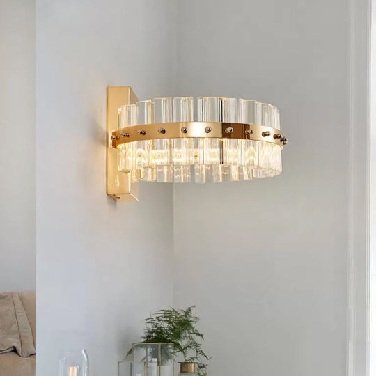 Modern Crystal Prism Drum Wall Sconce Light With Led Flush Mount Gold Finish