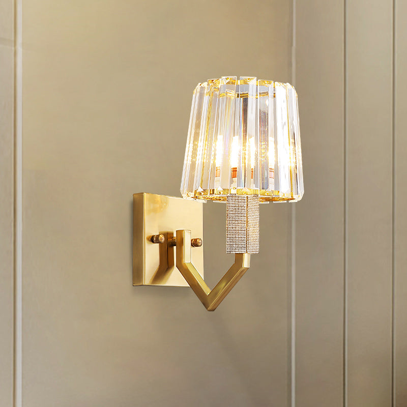 Postmodern Crystal Prism Gold Wall Sconce With Clear Tapered Shade - 1-Light Mount Fixture