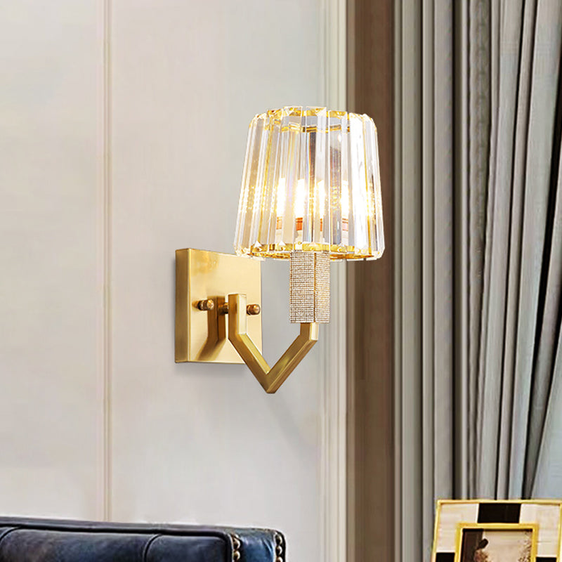 Postmodern Crystal Prism Gold Wall Sconce With Clear Tapered Shade - 1-Light Mount Fixture