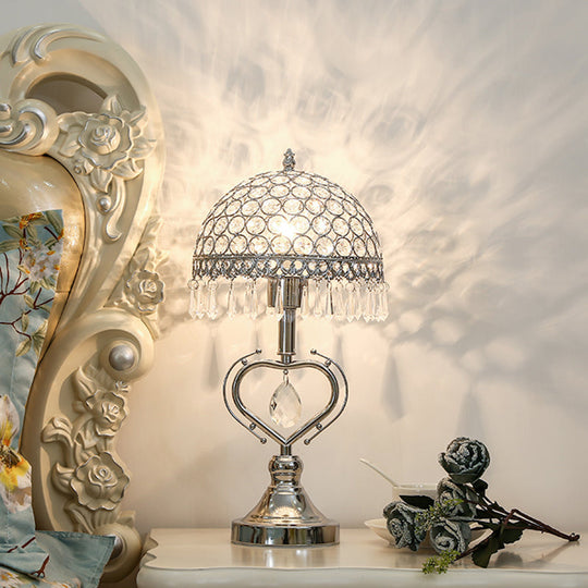 Contemporary Chrome Metal Table Lamp With Crystal-Encrusted Half Sphere Design And Droplets - 1 Head