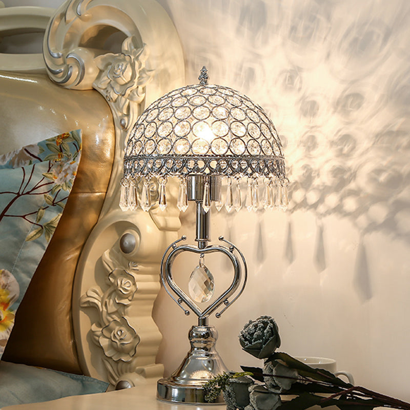 Contemporary Chrome Metal Table Lamp With Crystal-Encrusted Half Sphere Design And Droplets - 1 Head