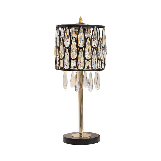 Contemporary Metal Nightstand Lamp With Crystal Raindrop Encrusted Drum Shade