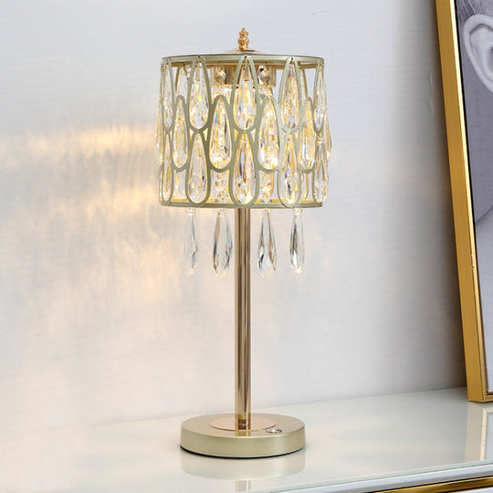 Contemporary Metal Nightstand Lamp With Crystal Raindrop Encrusted Drum Shade Champagne