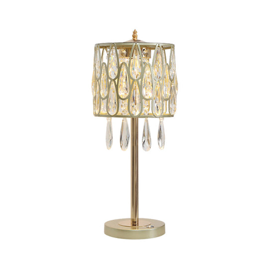Contemporary Metal Nightstand Lamp With Crystal Raindrop Encrusted Drum Shade