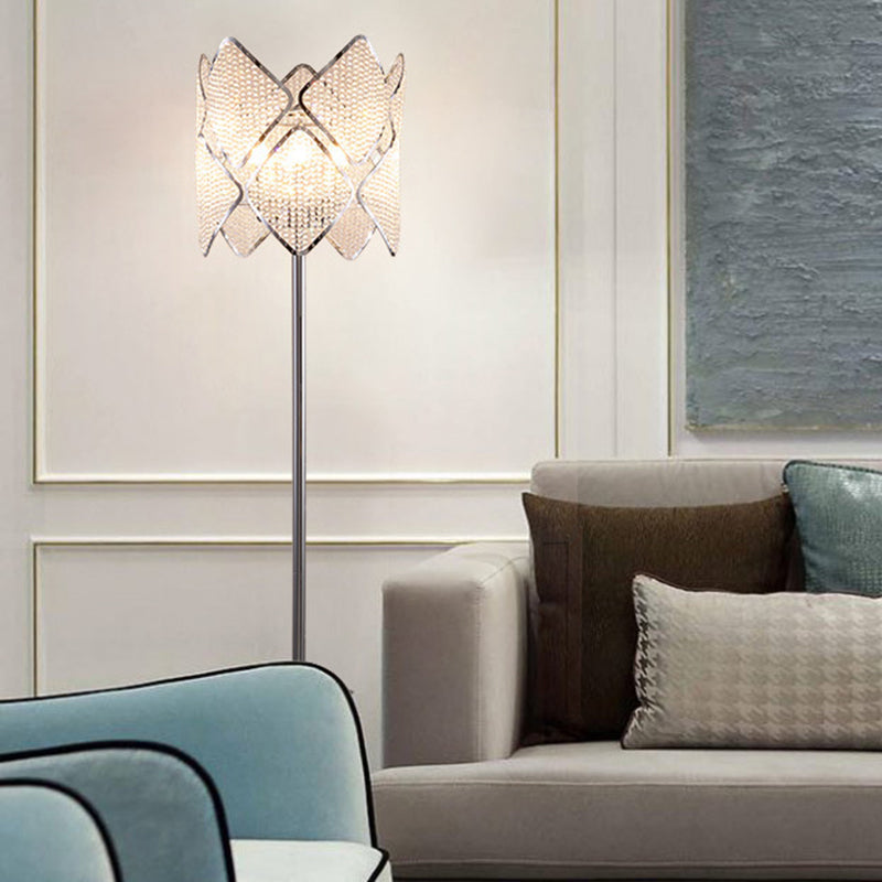 Modern Round Parlor Floor Lamp With Clear Crystal Strand 1 Head Gold/Chrome Light & Rhombus Design