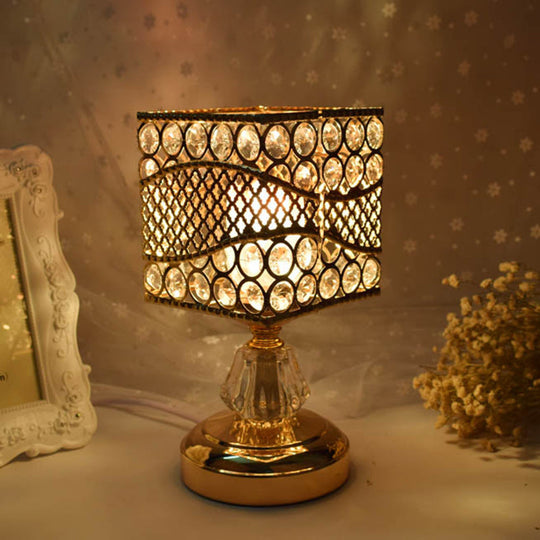 Modern Crystal Encrusted Nightstand Lamp - Cylinder/Round/Square Design Gold Finish Single Bulb /