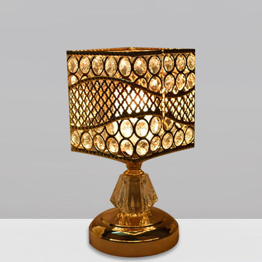Modern Crystal Encrusted Nightstand Lamp - Cylinder/Round/Square Design Gold Finish Single Bulb