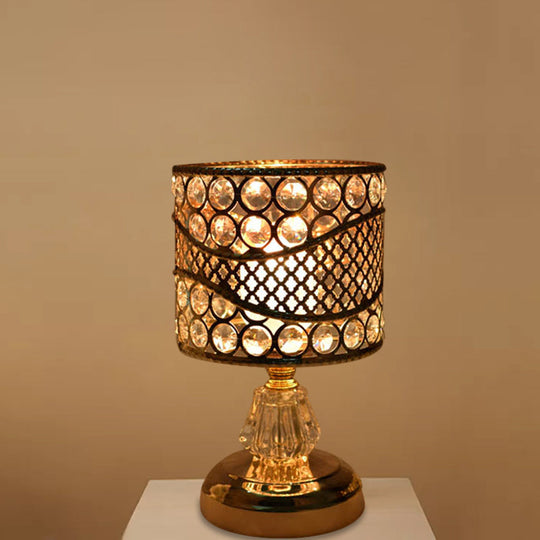 Modern Crystal Encrusted Nightstand Lamp - Cylinder/Round/Square Design Gold Finish Single Bulb