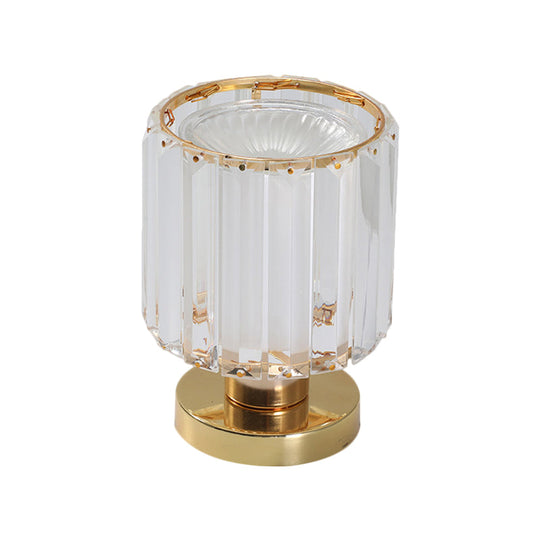 Simple Gold Finish Nightstand Lamp With Crystal Prism Shade - Bedroom Table Lighting