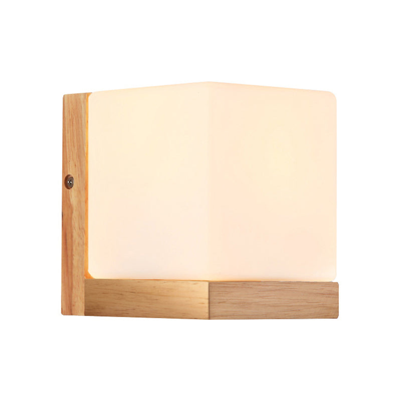 Japanese Style Opal Glass Wood Cube Wall Lamp With 1 Light - Hotel Restaurant White