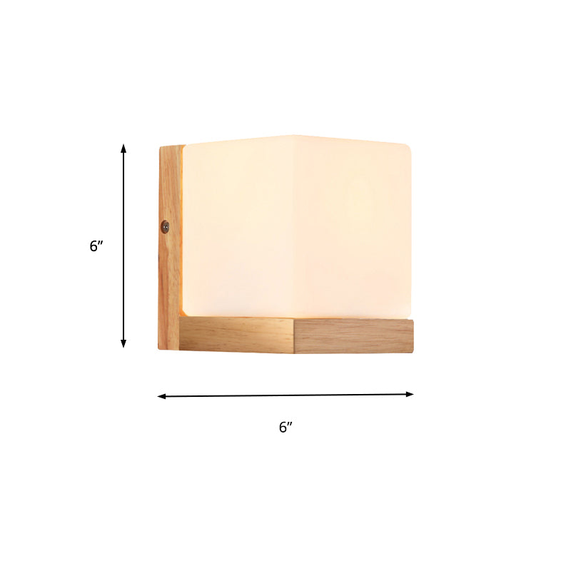 Japanese Style Opal Glass Wood Cube Wall Lamp With 1 Light - Hotel Restaurant White