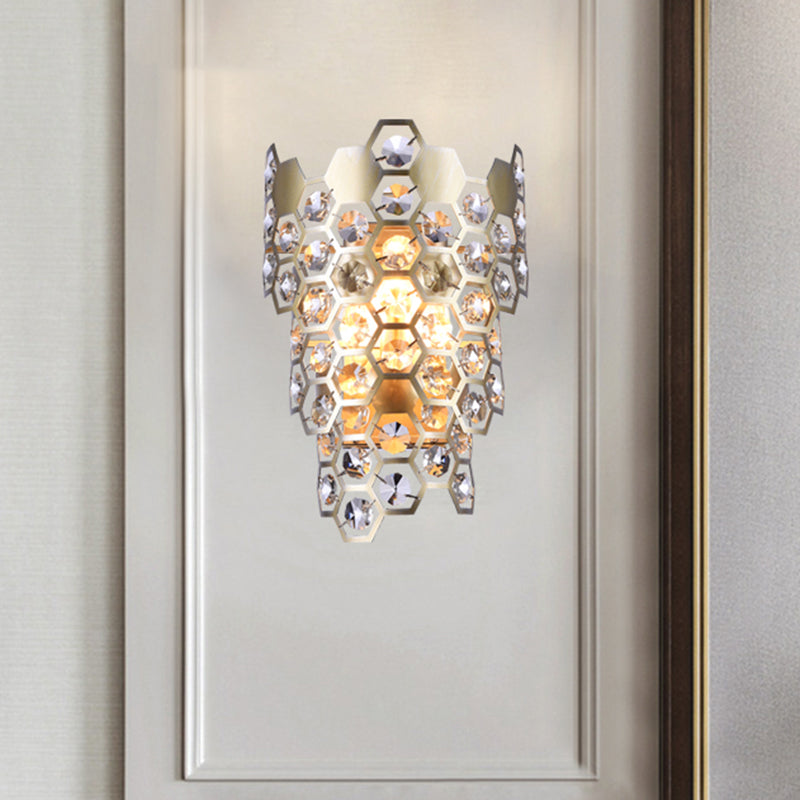 Champagne Hexagon-Crystal Wall Sconce With 3 Tapered Bulbs - Contemporary Flush Mount Light