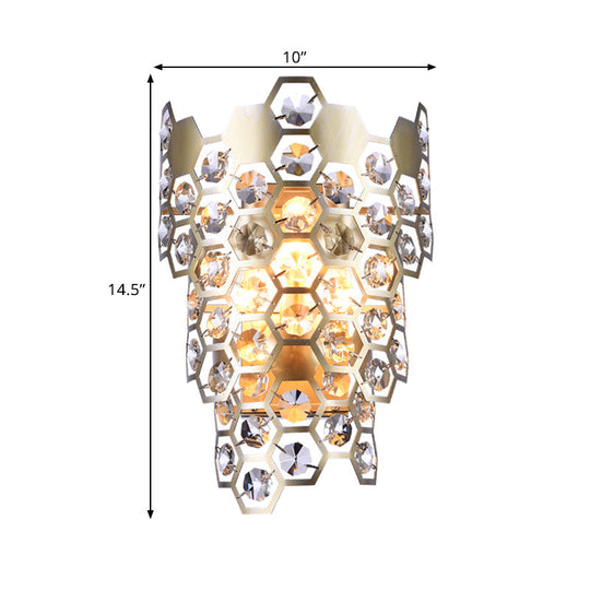 Champagne Hexagon-Crystal Wall Sconce With 3 Tapered Bulbs - Contemporary Flush Mount Light