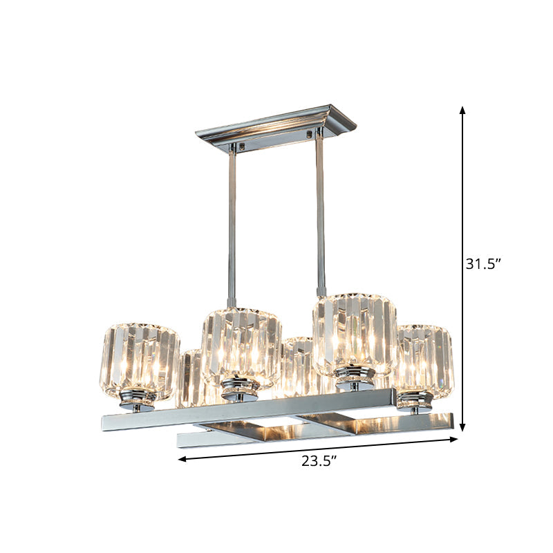 Modern Chrome Crystal Island Light With 6 Cylinder Heads - Perfect For Dining Tables