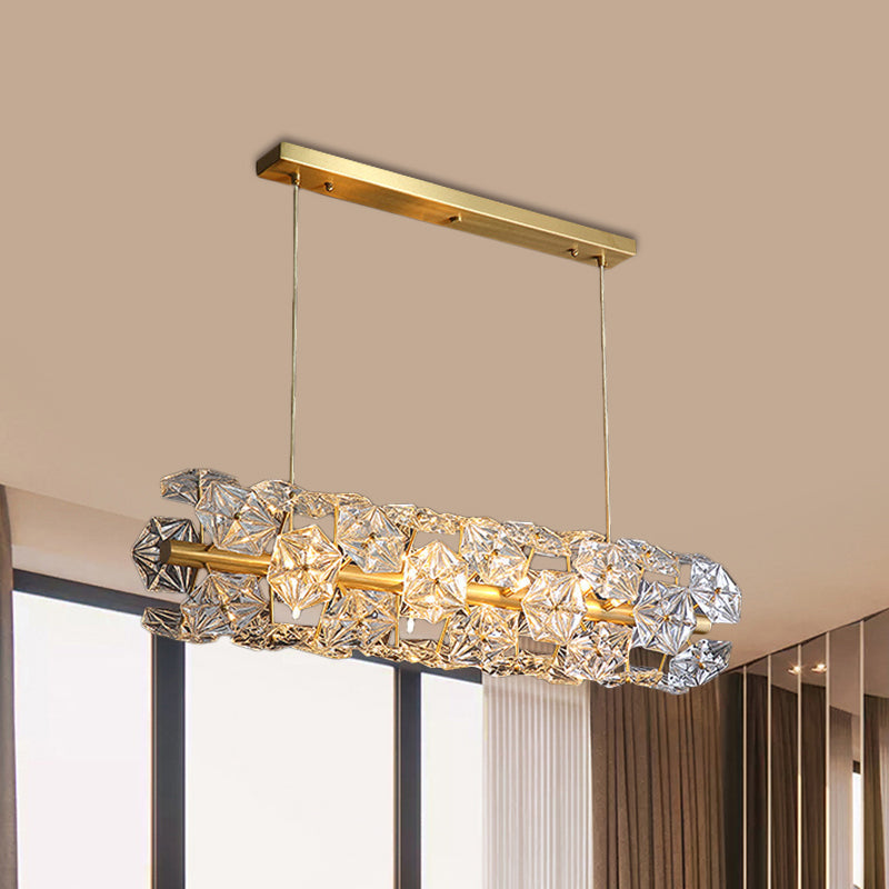 Postmodern Brass Pendant Lamp With Crystal Hexagon Shade For Restaurant Lighting - 18 Bulbs Island