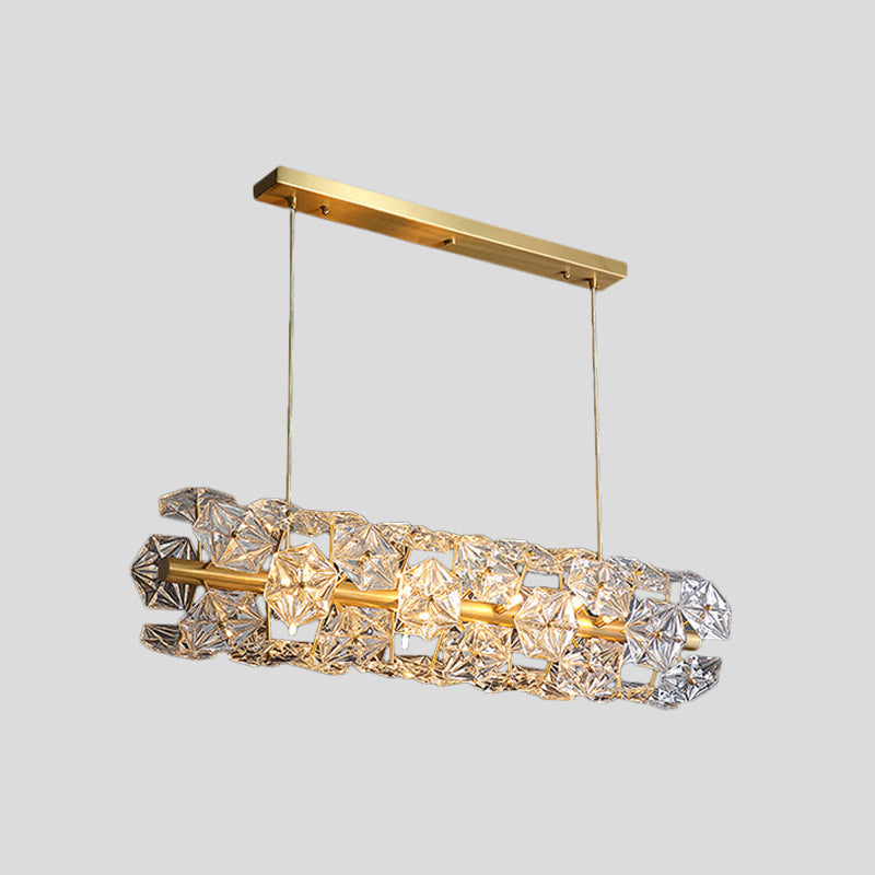 Postmodern Brass Pendant Lamp With Crystal Hexagon Shade For Restaurant Lighting - 18 Bulbs Island