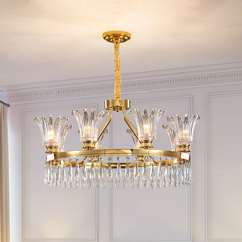 Classic Gold Flared Chandelier With Clear Crystals - 5/8 Bulb Ceiling Pendant