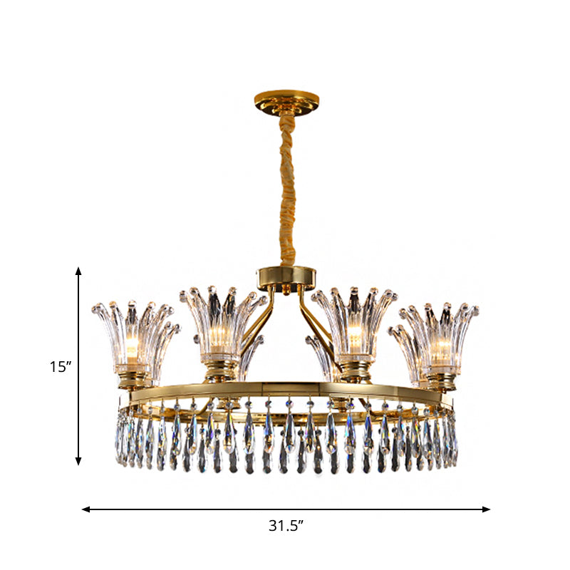 Classic Gold Flared Chandelier With Clear Crystals - 5/8 Bulb Ceiling Pendant