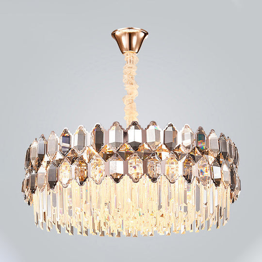 Modern Style Gold Chandelier: Round Ceiling Pendant with Clear Crystal Prisms, 12 Lights