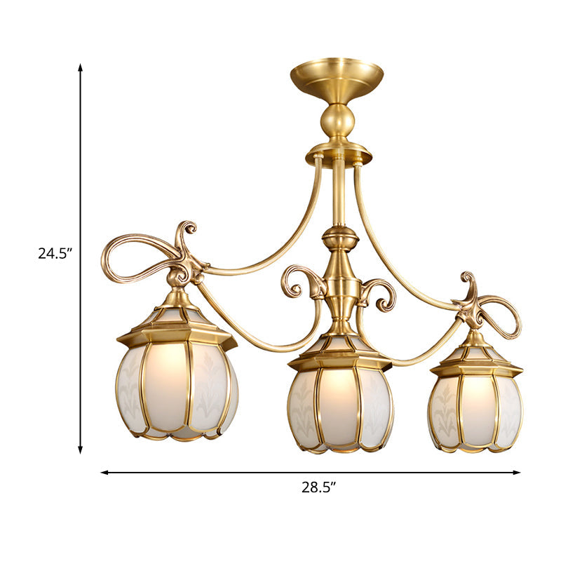 Colonial Lantern Island Light Fixture - 3-Light Ivory Glass Suspension Pendant In Gold For Dining