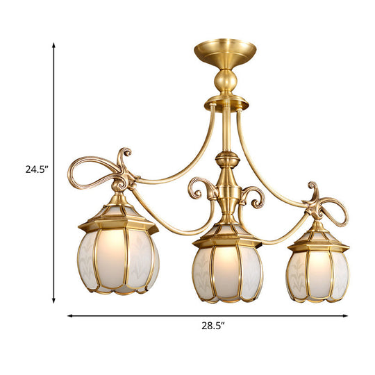 Colonial Lantern Island Light Fixture - 3-Light Ivory Glass Suspension Pendant In Gold For Dining