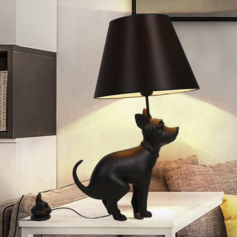 Country Style Resin Dog Nightstand Lamp With Cone Fabric Shade - Black