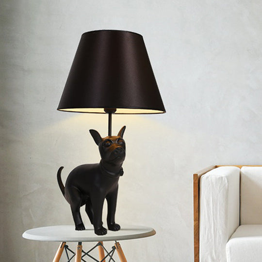 Country Style Resin Dog Nightstand Lamp With Cone Fabric Shade - Black / A