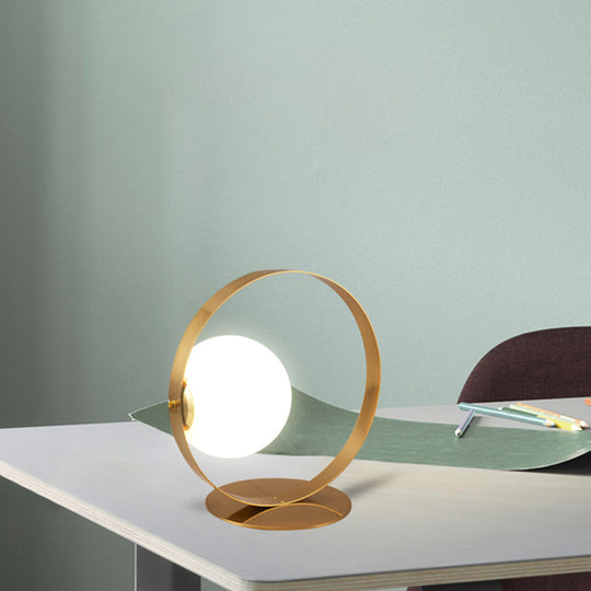 Gold Ring Table Lamp - Postmodern Iron Nightstand Light With Opaline Glass Shade