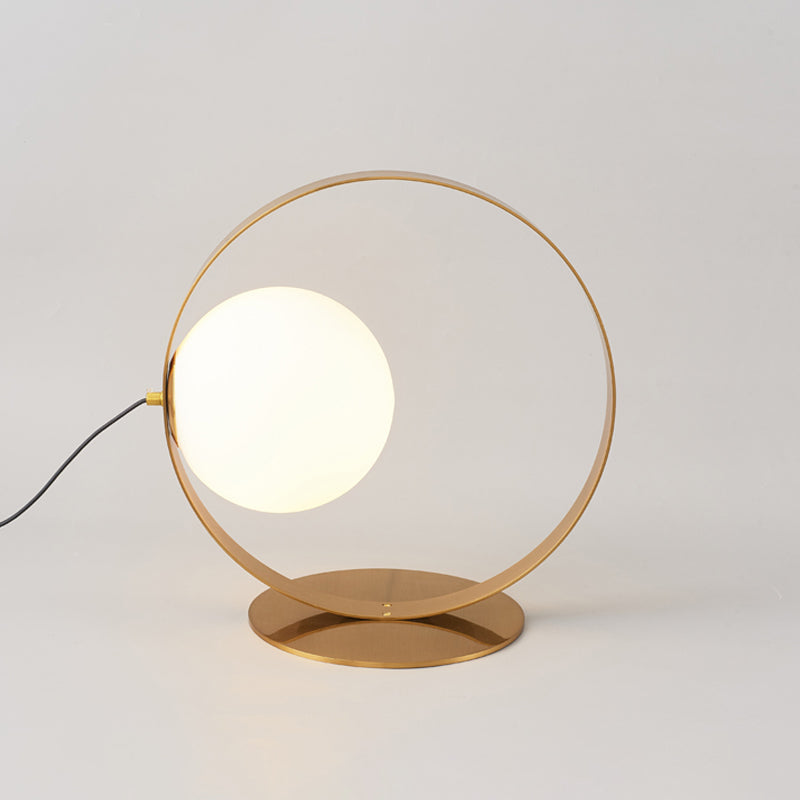 Beatrice - Gold Gold Ring Table Lamp Postmodern 1 Bulb Iron Nightstand Light with Ball Opaline Glass Shade