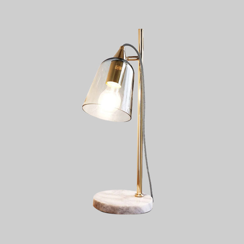 Mid-Century Gold Table Light With Transparent Glass Shade Single Night Lamp On Marble Pedestal
