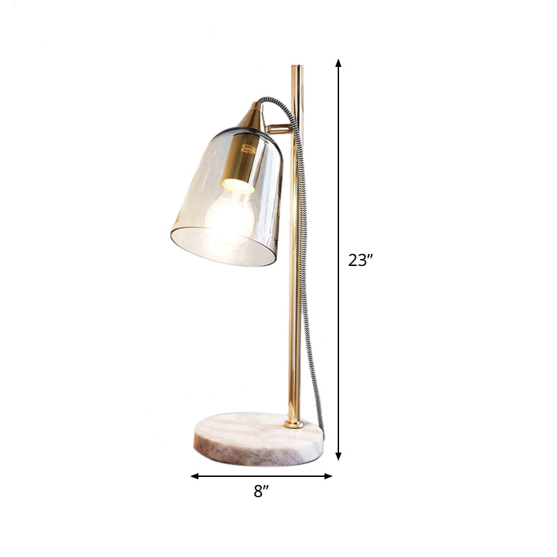 Mid-Century Gold Table Light With Transparent Glass Shade Single Night Lamp On Marble Pedestal