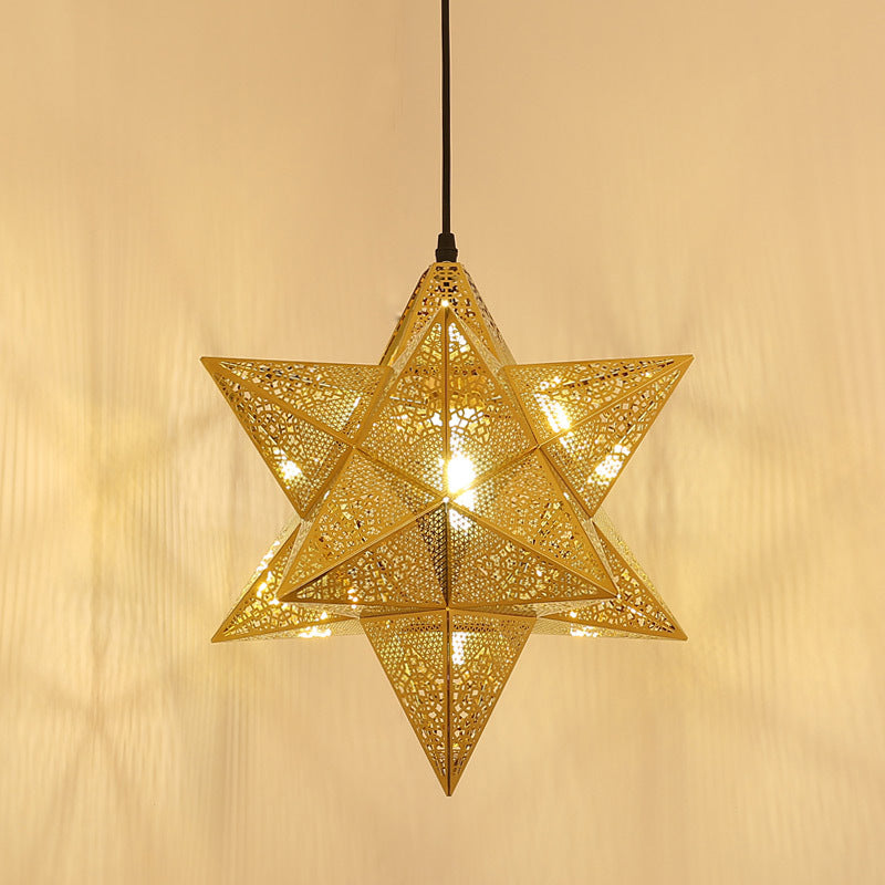 Colonial Stainless Steel Pendant Light - Cutout Star Design 1-Bulb Gold Suspension Lighting 14/18
