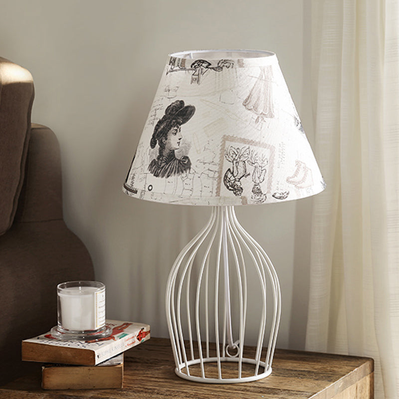 Classic White Tapered Nightstand Lamp - Traditional Fabric Shade Single Head Wire Cage Base For