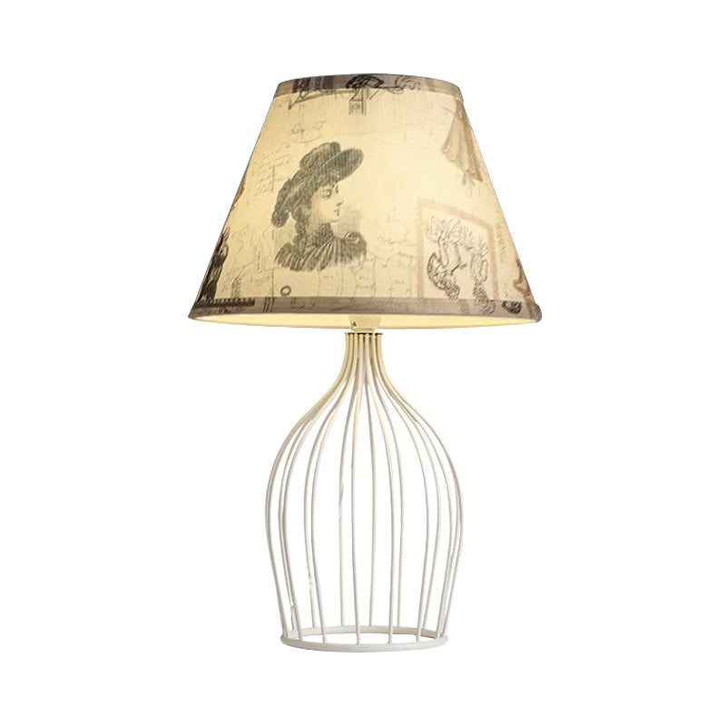 Classic White Tapered Nightstand Lamp - Traditional Fabric Shade Single Head Wire Cage Base For