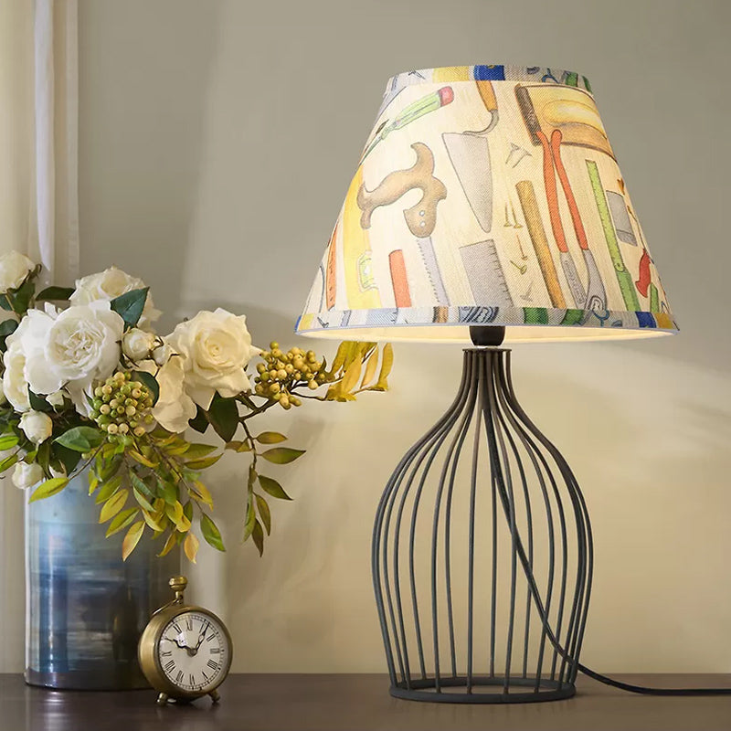 Traditional Black Nightstand Lamp With Metal Wire Cage Base / B