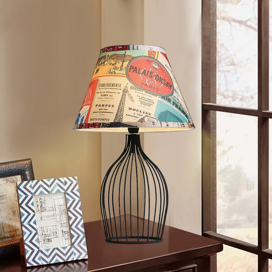 Traditional Black Nightstand Lamp With Metal Wire Cage Base