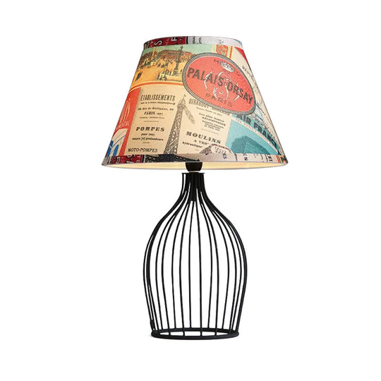 Traditional Black Nightstand Lamp With Metal Wire Cage Base