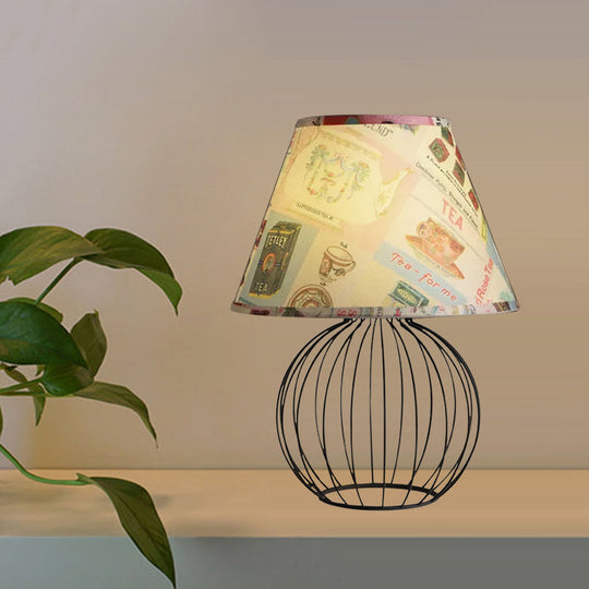 Vintage Fabric Black Nightstand Light With Orb Cage Base - Elegant Desk Lighting For Living Room And