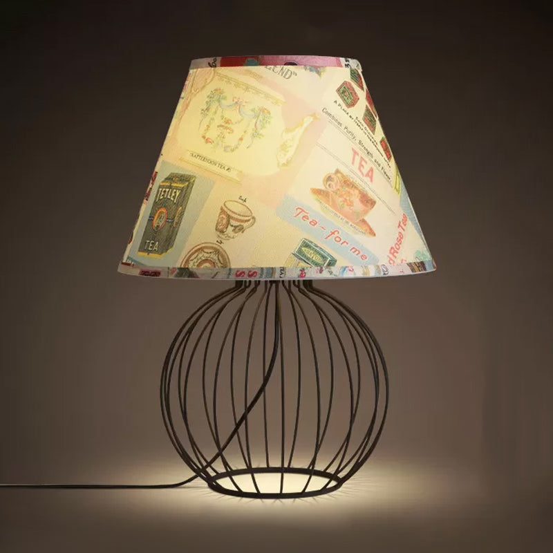 Vintage Fabric Black Nightstand Light With Orb Cage Base - Elegant Desk Lighting For Living Room And