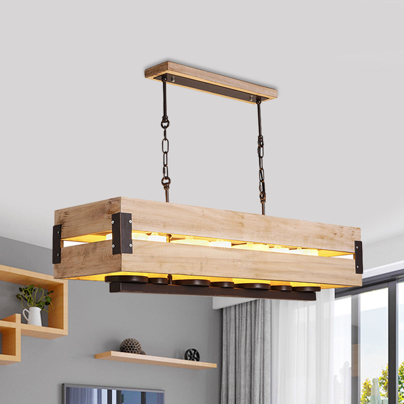 Rustic Rectangular Wood Island Pendant - 7-Light Dining Room Hanging Lamp In Brown