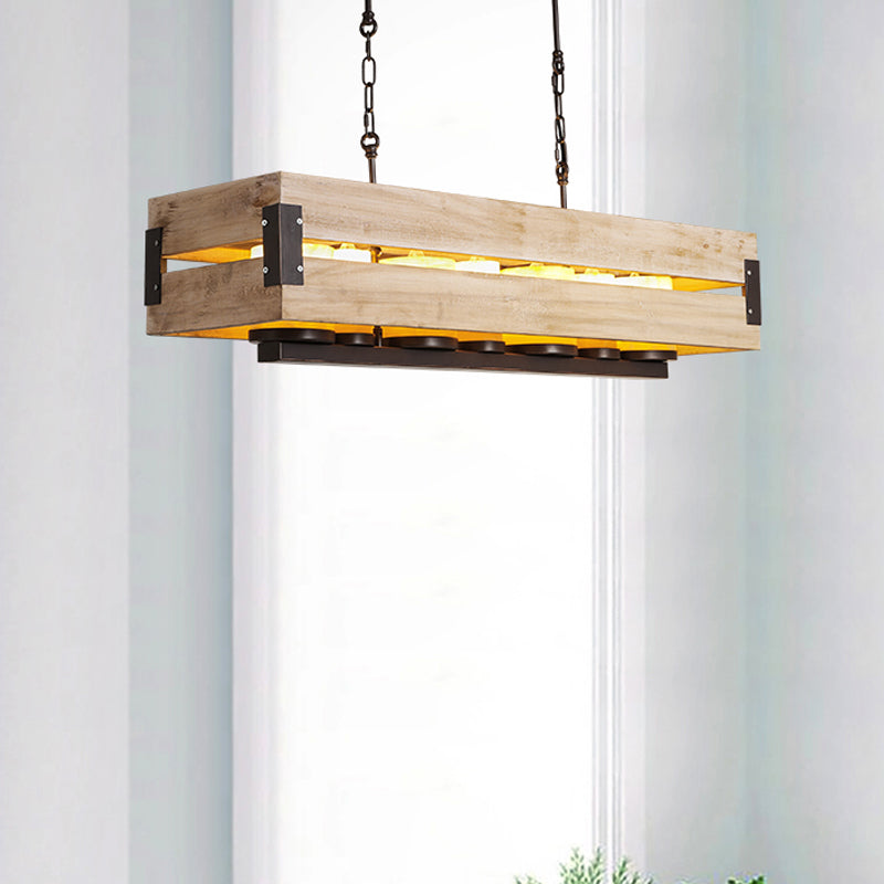 Rustic Rectangular Wood Island Pendant - 7-Light Dining Room Hanging Lamp In Brown