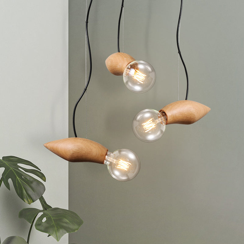 Traditional Wooden Bare Bulb Pendant Light For Restaurants - Brown