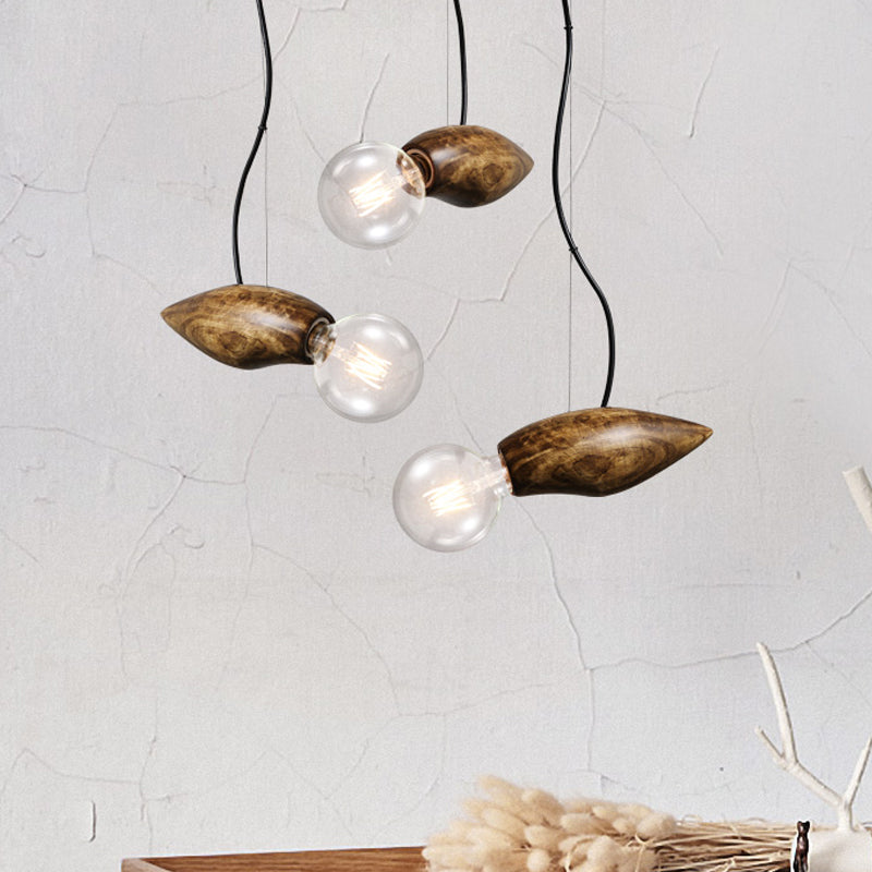 Traditional Wooden Bare Bulb Pendant Light For Restaurants - Brown