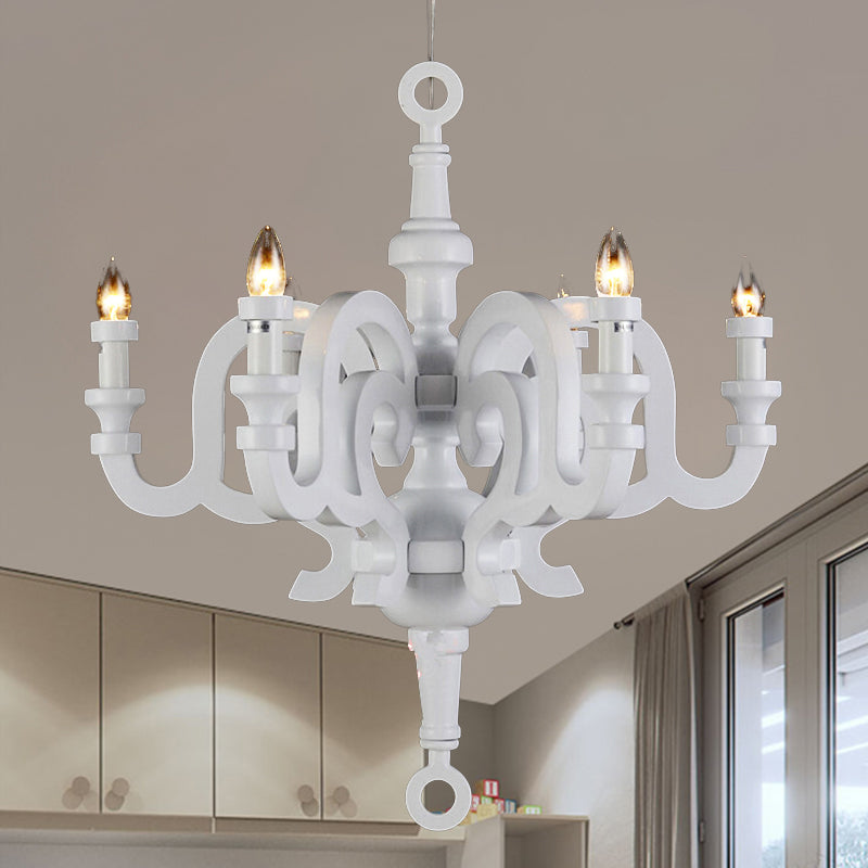 Wooden Candlestick Chandelier - Traditional 6-Head Pendant Light For Living Room Ceiling White