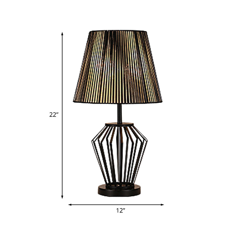 Traditional Black Bucket Table Lamp For Bedroom Nightstand - Single Head Fabric Shade With Wire Cage