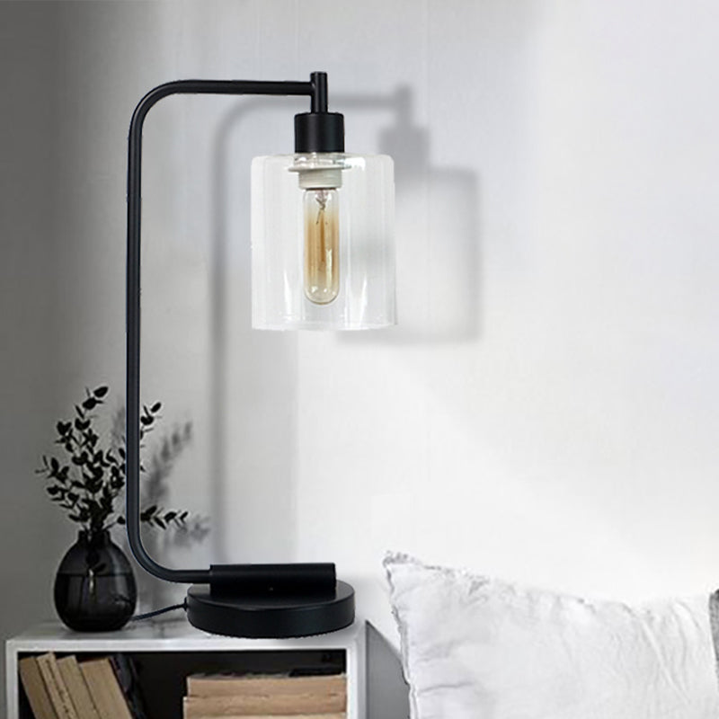 Modern Black Cylindrical Night Table Lamp With Clear Glass Shade For Bedroom